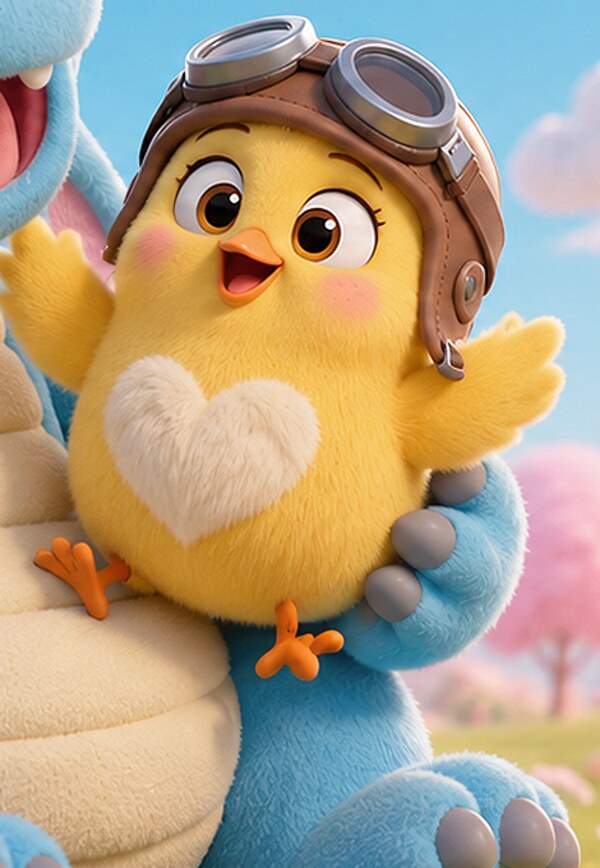 Pepo, a fluffy yellow chick wearing an aviator cap