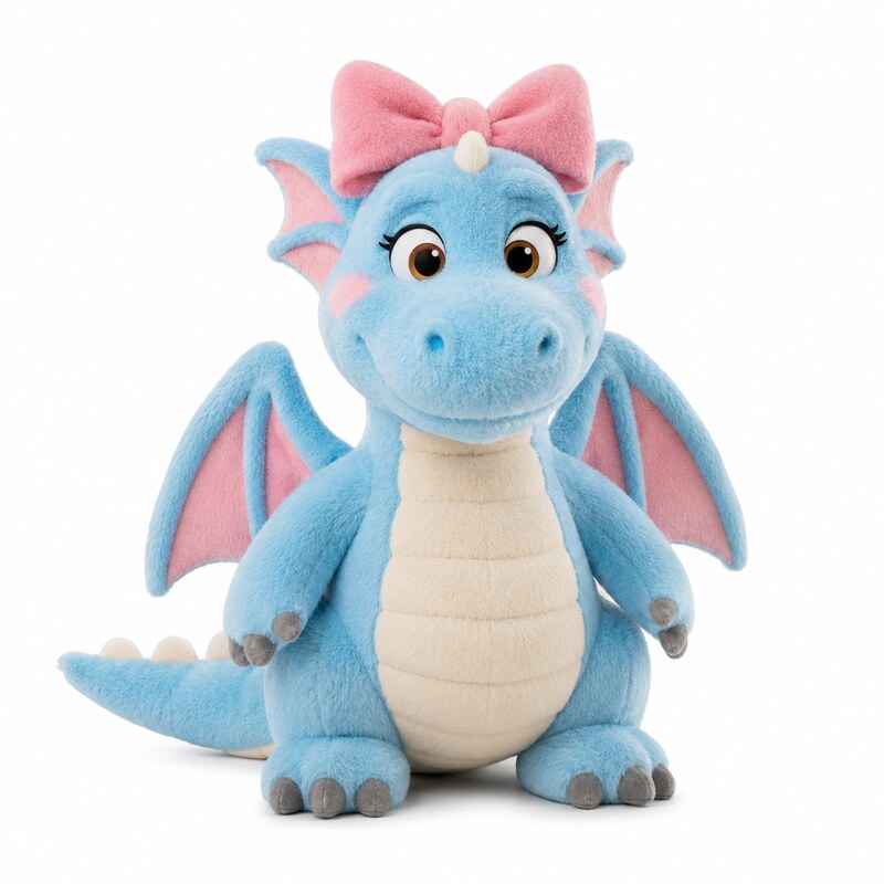 Nubi plush toy, a soft blue dragon with a pink bow and pink wings